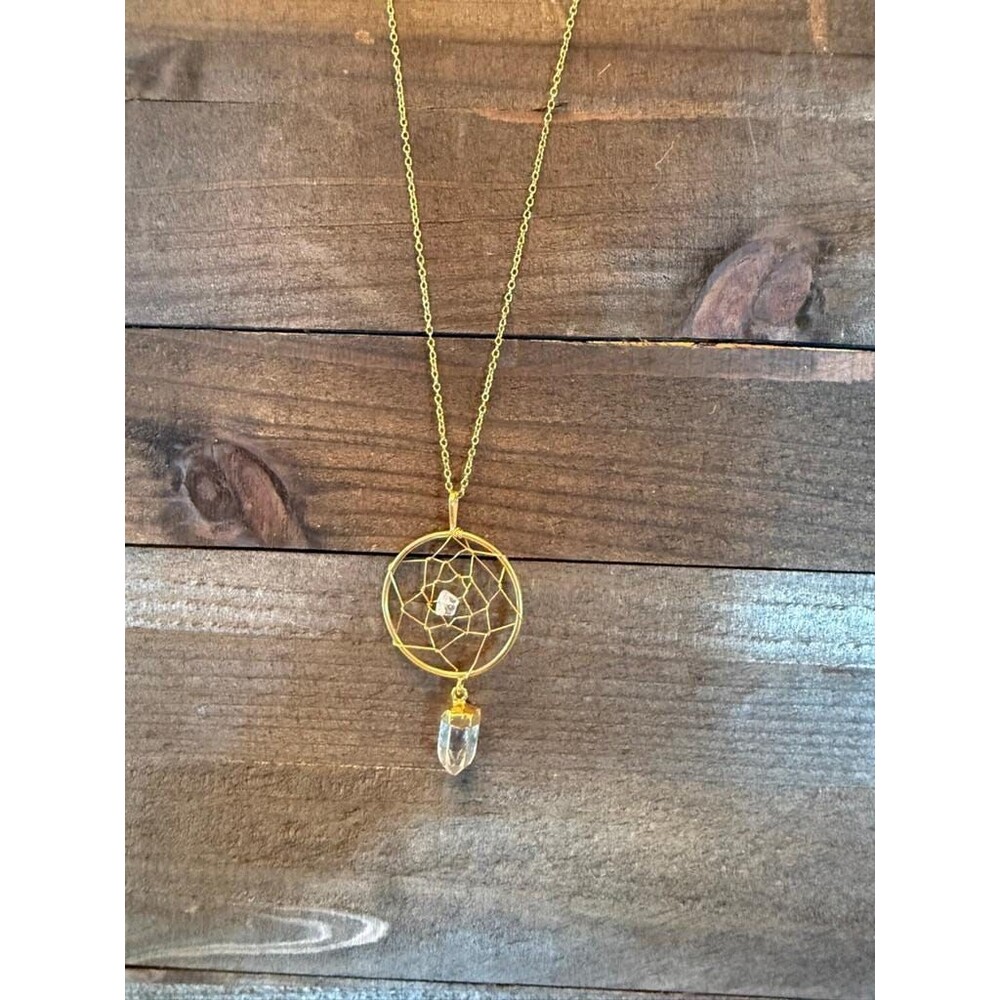 Dreamcatcher Necklace Quartz Crystal Pendant 29.5" Chain Gold Plated Spider Web